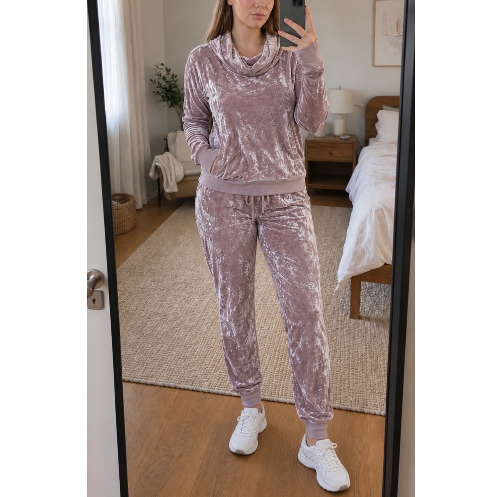 Betsey Johnson Crushed Velvet Sweatshirt Jogger Set XL Pink Cowl Neck Lounge Y2K